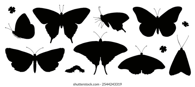 Butterfly silhouette set in vector format. Simple black shapes of flying insects, perfect for icons or logos. Ideal for nature and wildlife themed decor