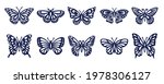 Butterfly silhouette set. Vector monochrome illustration isolated on white background. Various moths. Decorative design elements.