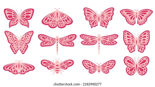 Butterfly silhouette set. Vector monochrome illustration isolated on white background. Various moths. Decorative design elements.