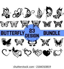 Butterfly silhouette set. Vector monochrome illustration isolated on white background. Various moths. Decorative design elements. Butterflies tattoo sketch, fly insect black hand drawn engraving