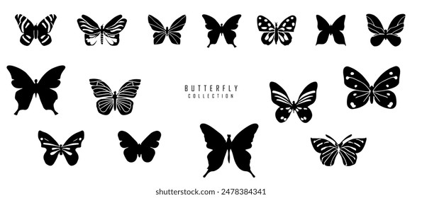 Butterfly silhouette symbols. Black and white icon set, draw, logo idea.