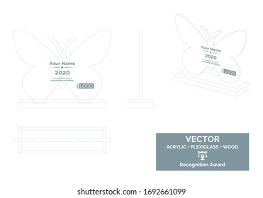 Plantilla de vectores de trofeo de mariposa, premio de distinción de trofeos de empresa, premio de trofeo de reconocimiento corporativo