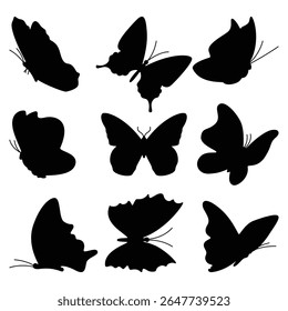 Butterfly Silhouette Vector Collection, 9 Black Insect Shapes for Nature Designs.