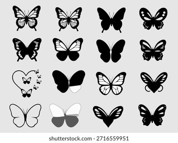 Conjunto de Vector de silueta de mariposa - Colección de iconos de mariposa en blanco y negro