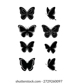 Butterfly silhouette vector set featuring elegant flying butterfly shapes and wing variations. Minimal black and white insect icons isolated on white background. Ideal for beauty branding, tattoo art, nature designs, invitations, decorative elements, and spring or summer themes.