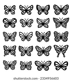 Butterfly silhouette vector set. Templates for laser or paper cutting, printing on a T-shirt, mug. Insects cut files. Flat style. Hand drawn decorative element for your design.