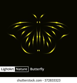 Butterfly silhouette of yellow lights on black background