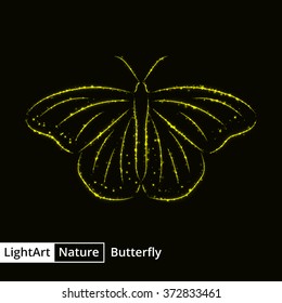Butterfly silhouette of yellow lights on black background