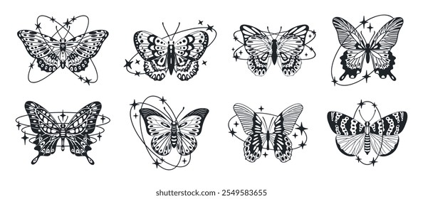 Butterfly silhouettes. Butterflies y2k symbols, abstract y2k aesthetic insects with sparkle stars and oval shapes flat vector illustration set. Butterflies on white background