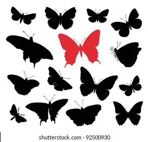 Butterfly silhouettes collection isolated in white background.