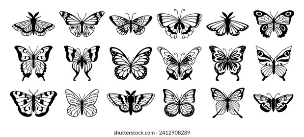 Butterfly silhouettes. Cute spring insects with openwork wings, flying butterfly. Winged insect, various detail beautiful moth decorative wildlife elements. Vector set. Tropical fluttering creatures