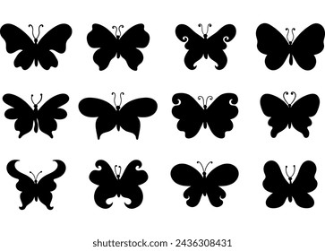 Butterfly silhouettes. Monochrome butterflies silhouettes collection on white background