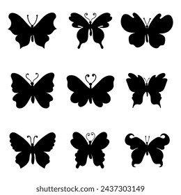 Butterfly silhouettes. Monochrome butterflies silhouettes collection on white background