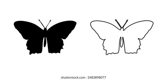 Butterfly silhouettes. Outline butterflies romantic tattoo, tropical insects stencil. Summer and spring exotic symbols isolated vector set. Elegant wild flying moth of various shapes.