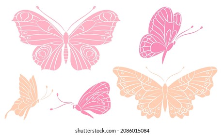 Butterfly silhouettes. Pink peach color butterflies. Isolated flying insects. Decorative print wild characters. Spring, summer seasonal vector set