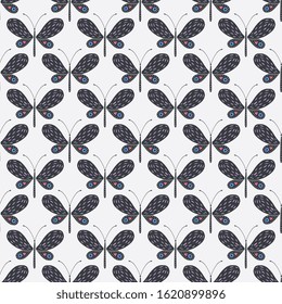 Butterfly silhouettes seamless pattern on white background. Hand drawn vector illustration in folk style for textile, party paper, wallpaper design.