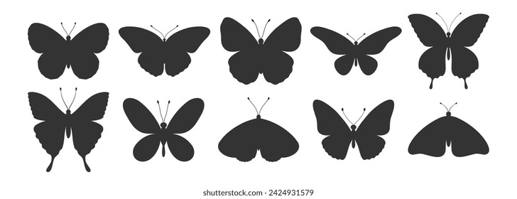 Butterfly silhouettes set. Simple black shapes of wings butterflies and moths, tattoos. Vector illustration, insect icons