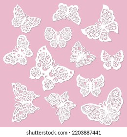 Butterfly silhouettes set. Templates for laser cutting of paper, cardboard, metal and wood. For the design of cards, interior decorations, scrapbooking, stencils and so on. Vector