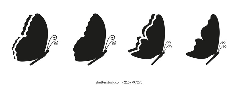 Butterfly silhouettes set. Various butterflies shapes collection. Side view. Vector illustration isolated on white.