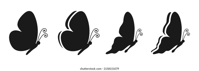 Butterfly silhouettes set. Various butterflies shapes collection. Side view. Vector illustration isolated on white.