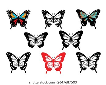 Butterfly silhouettes vector illustration set, features a collection of butterfly silhouettes