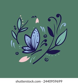 Butterfly with simple flower illustration background with green, pink, blue, kids, handdraw, wallpaper, beautifull. Vector illustration