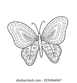 Butterfly simple hand drawn outline vector black and white illustration, coloring page for relax and meditation