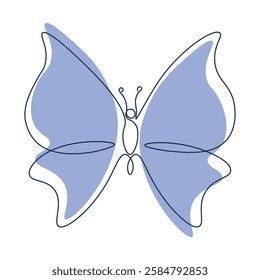 Butterfly single continuous line. Moth drawing with blue wings. Abstract icon. Silhouette insect in one line. Minimalistic vector doodle. Simple minimum illustration on white isolated background.