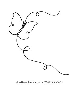 Arte de una sola línea de la mariposa, dibujo continuo de una línea de icono de Vector de contorno aislado