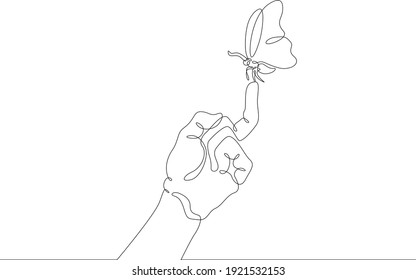 Butterfly sit on the human hand. Insect moth flying in the air. Open palm. One continuous drawing line  logo single hand drawn art doodle isolated minimal illustration.