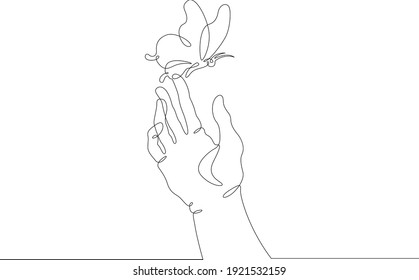 Butterfly sit the human hand  Insect moth flying in the air  Open palm  One continuous drawing line  logo single hand drawn art doodle isolated minimal illustration 