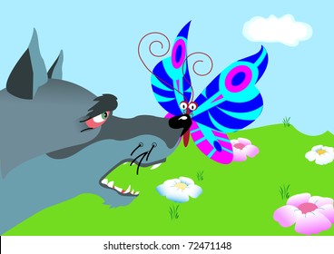 butterfly sit on nose wolf from fairy tale