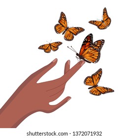 Butterfly sits on hand isolated vector