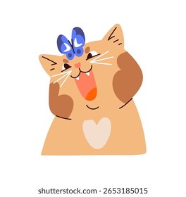 A borboleta senta-se no nariz do gato bonito. Avatar de gatinho com cara feliz. Retrato de gatinho com expressão pateta, emoção engraçada no focinho. Divertido animal. Ilustração de vetor isolado plano em branco