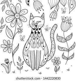 Butterfly sitting on cat nose funny coloring page. Black and white background. Vector illustration