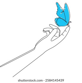 Butterfly sitting on finger of hand one line drawing on white background isolated. Vector illustration continuous line butterfly on hand