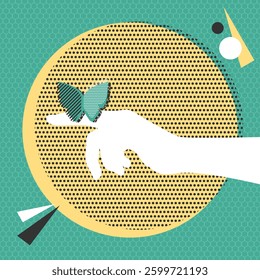 Butterfly sitting on a finger. Human hand with butterfly. Abstract modern poster with hand silhouette. Vector illustration