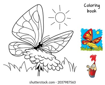 Butterfly sitting on a flower. Coloring book. Cartoon vector illustration