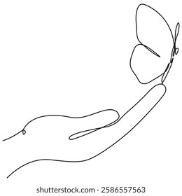 Butterfly sitting on human hand continuous line art drawing. One line butterfly insect. Vector isolated on white.
