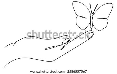 Butterfly sitting on human hand continuous line art drawing. One line butterfly insect. Vector isolated on white.