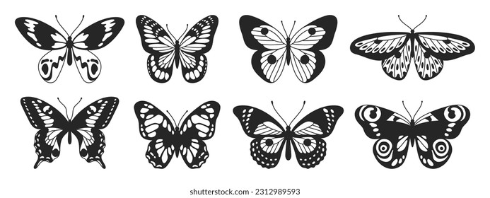 Butterfly sixth set of black and white wings in the style of wavy lines and organic shapes. Y2k aesthetic, tattoo silhouette, hand drawn stickers. Vector graphic in trendy retro 2000s style.