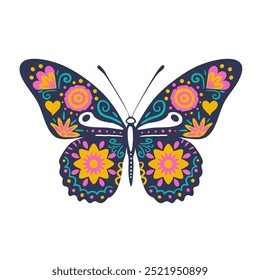 Butterfly skeleton decorated with flowers and decorative elements, side view. Festive animal for the Mexican day of the dead,  Dia de los Muertos.