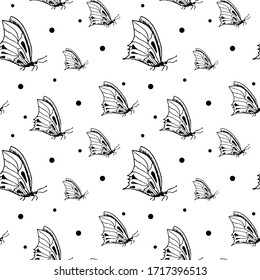 Butterfly sketch pattern. Hand drawn insect butterflies on transparent background. Seamless vector backdrop.