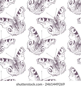 Butterfly sketch seamless pattern, pastel violet monochrome vector background for scrapbook, textile, wallpaper.
