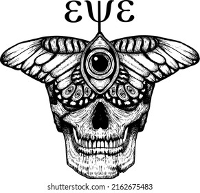 butterfly and skull hand drawn vector bnw, for T-shirt design tattoo design