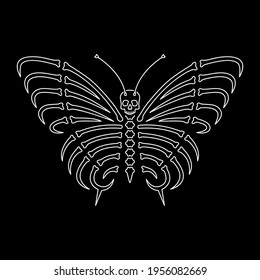 BUTTERFLY WITH SKULL WHITE NEON BADGE BLACK BACKGROUND