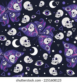 Butterfly with skulls and alchemy symbols on the wings, moons and eyes. Seamless pattern with vector hand drawn illustrations