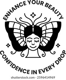 A butterfly with a smiling face and the words "enhance your beauty confidence drop" written around it