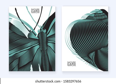 butterfly snail nature card template in teal black shades on white