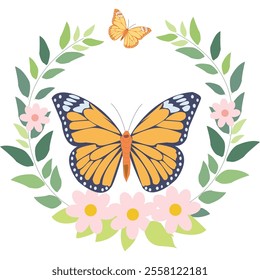 A butterfly with some flowers and leaflet 